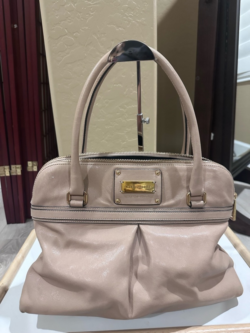 Marc Jacob Beige Leather Dome Satchel with Gold Hardware